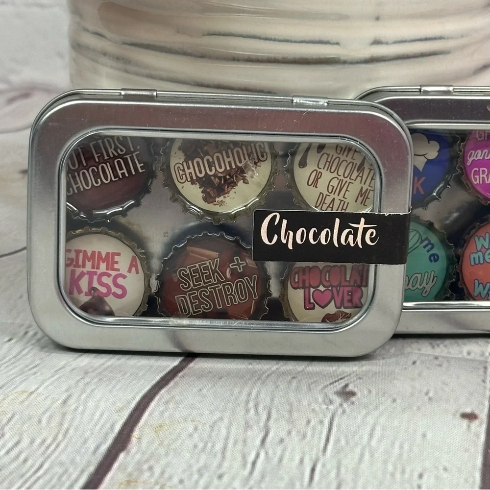 NWT Decorative Tin Set with Colorful Magnets kiss the cook and chocolate sets